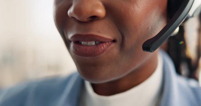 Call center, advice or mouth in office with headset, lead generation or outbound contact in crm management. Telemarketing, woman or agent with tech, customer service or feedback in help desk.