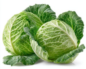 Fototapeta premium Two fresh green cabbages isolated on white background, PNG file with transparent cutout, clean product image.