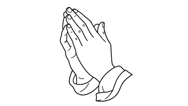 Line art of praying hands with simple outline on white background