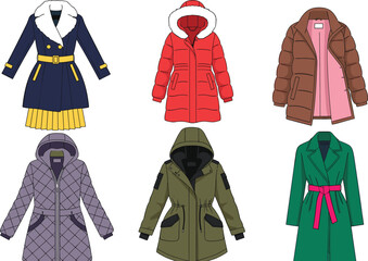 Winter coats illustration set, fashionable jackets and parkas collection, warm outerwear designs, seasonal clothing vector art, isolated white background elements © MD SAKIL