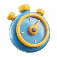 3D glossy blue and yellow alarm clock icon, cute cartoon time reminder isolated on transparent background