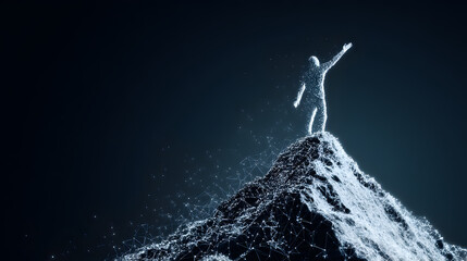 Summit of Ambition: An inspiring figure stands atop a snow-dusted peak, arms outstretched toward the vast, dark sky. The image evokes a sense of accomplishment, determination.
