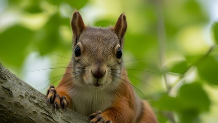 Obraz premium Close Up Portrait of Red Squirrel Sitting on Tree Branch in Natural Forest