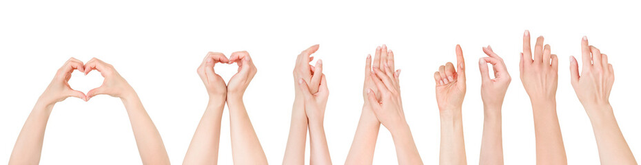 Set of female hands. Beautiful female hand finger pointing or touching something, shows or making sign heart shape isolated on white background with clipping path. Design element.