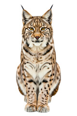 Fototapeta premium Wild lynx sitting and looking forward with spotted fur isolated on a transparent background