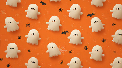 Halloween pattern of cute white ghost marshmallows, black bats, and spiders on a vibrant orange background