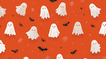 Cute halloween seamless pattern with flying ghosts, bats, and stars on a vibrant orange background, perfect for holiday designs