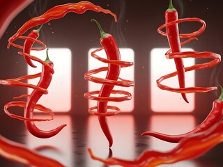 Red chili peppers spiraling in mid-air, showcasing their vibrant color and dynamic movement, set against a blurred background with soft lighting and a reflective surface.