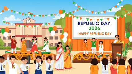 Vibrant Republic Day 2026 Celebration Scene with Diverse Group of Students and Adults in Traditional Indian Attire Outdoors