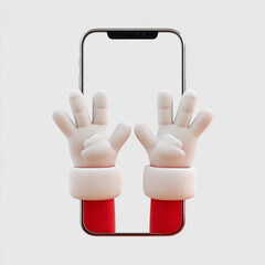 3d render of cartoon hands in white gloves making a peace sign with a smartphone, isolated on white background