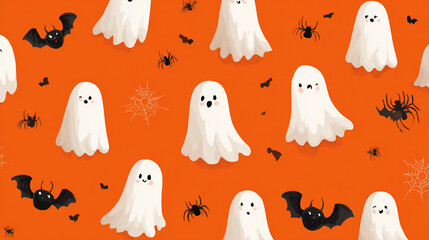 Cute halloween seamless pattern with cartoon ghosts, flying bats, and spiders on a vibrant orange background, perfect for festive designs and spooky season celebrations