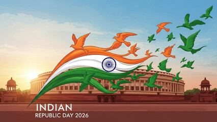 Indian Republic Day 2026 Celebrations with Birds Flying and Flag Waving in Front of Parliament Building New Delhi India