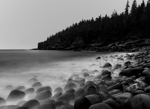 Black and white image of rocky beach, Acadia National park, Maine