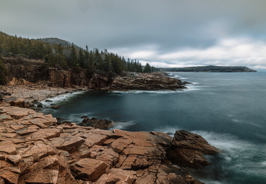 View of rugged Maine coast shoreline in Acadia National Park