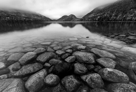 Black and White image of Jordan Pond and the Bubbles, Acadia, Maine