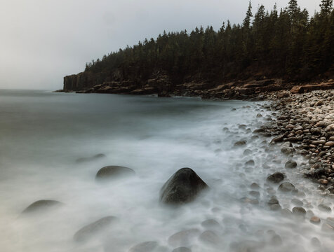 Boulder Beach and waves with rocky shoreline, Acadia National park