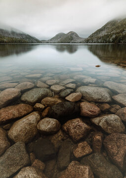 Crystal clear water of Jordan Pond, Acadia National Park, Maine