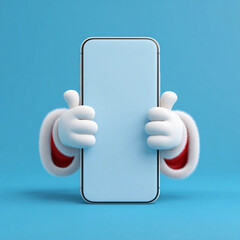 3d render of cartoon hands giving a thumbsup gesture while holding a blank smartphone on a blue background, representing approval or good service