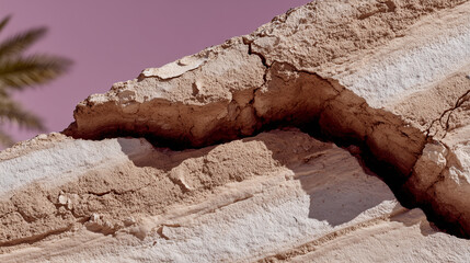Close-up of a cracked stone surface in warm natural tones. Abstract representation of time, erosion, and natural processes.