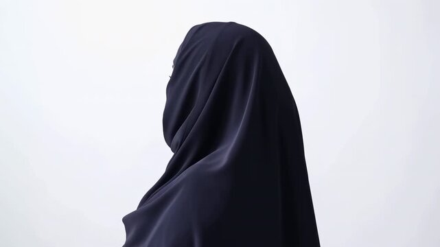 Muslim woman wearing a traditional black niqab isolated on white background