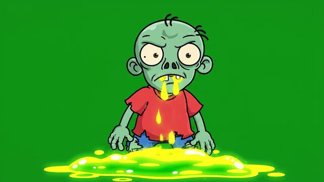 A cartoon zombie child is about to vomit green liquid on a plain green background