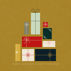 Christmas tree with geometric presents. For invitation, poster, postcard, advertisement. Vector illustration, flat design