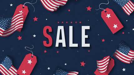 Patriotic usa sale banner with american flags, red tags, and stars on a blue background for holidays