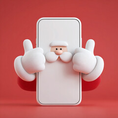 Cute 3d santa claus character holding a white smartphone and giving thumbs up on a red background