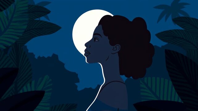African american woman standing in the jungle at night