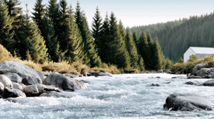 Mountain river and forest bank: swift water flowing between rocks, conifer forest and cabins in the distance, natural landscape.