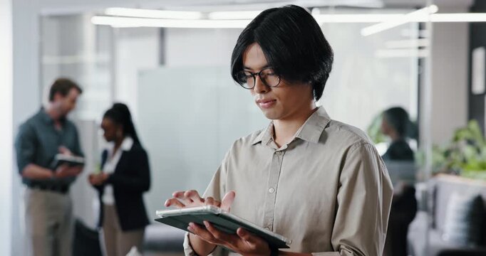 Thinking, typing or man in office with tablet, draft insight or source feedback for article. Reflection, coworking or journalist with tech, story planning or industry research for publication.