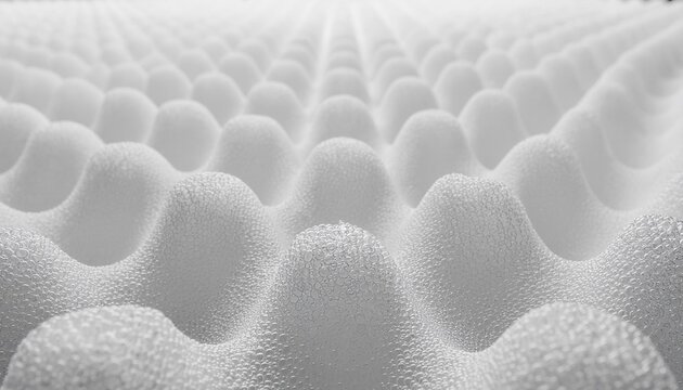 Detailed close-up of white dense foam padding with a micro air-pocket pattern, featuring a wavy texture and diffused lighting, forming an abstract, modern surface.