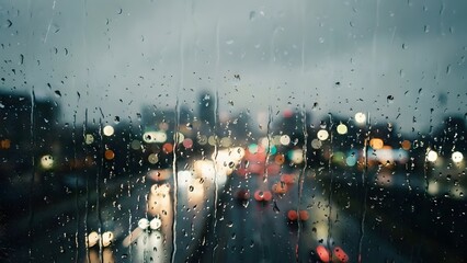 Rainy Cityscape View Through Wet Windowpane at Night.