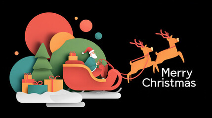 Festive christmas scene with santa claus in sleigh pulled by reindeer, gifts, trees, and merry christmas text