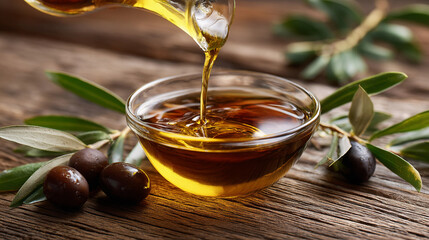 Golden olive oil pouring into a glass bowl, surrounded by fresh olives and green leaves on wood