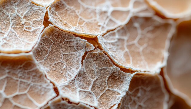 High-detail microscopic view of a dried adhesive film, revealing intricate cracked patterns and island formations on an abstract surface, captured with macro photography.