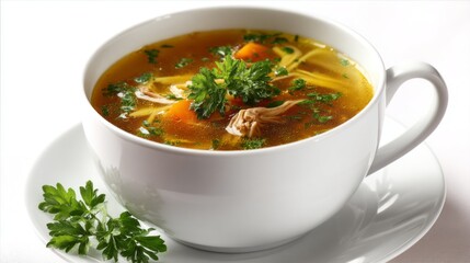Steaming chicken soup fills a white bowl, showcasing tender shredded meat, bright orange carrots, and fresh herbs. This comforting dish is perfect for warming hearts and bellies