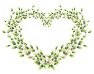 Heart shaped wreath of willows branches. Watercolor illustration. For fabric, wallpaper, packing paper, greeting cards, design, decoration and illustration. © Nataliia