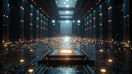 A futuristic circuit board with a glowing processor at its center, surrounded by luminous particles in a dark, high-tech environment.