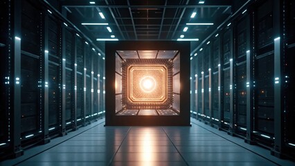 A futuristic data center with a glowing cube at its center, surrounded by rows of servers, creating a high-tech ambiance.