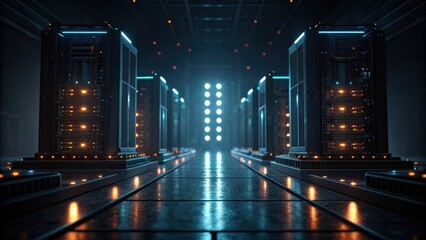A high-tech data center with illuminated server racks and a futuristic design, showcasing advanced technology and digital infrastructure.
