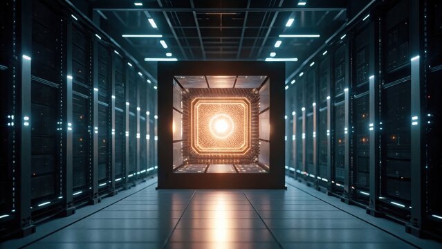 A futuristic data center with a glowing cube at its center, surrounded by rows of servers, creating a high-tech ambiance. - Powered by Adobe