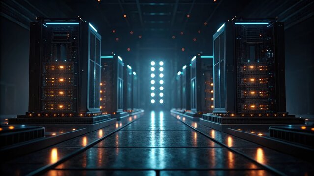 A high-tech data center with illuminated server racks and a futuristic design, showcasing advanced technology and digital infrastructure. - Powered by Adobe