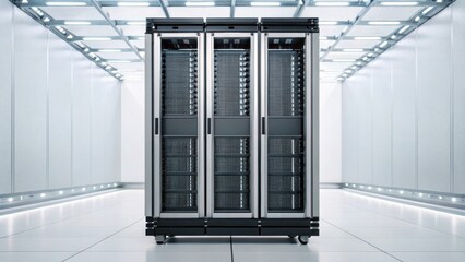 A modern data center featuring three server racks, illuminated by bright lights and set against a sleek, minimalist background.