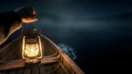 Lantern in a wooden boat at night.