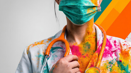 Health worker celebrates Holi Festival with colors and joy while wearing a mask and stethoscope in a vibrant setting