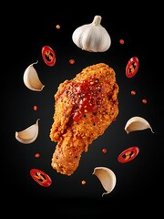 Crispy fried chicken drumstick with red sauce and spices surrounded by garlic cloves and chili slices on a black background