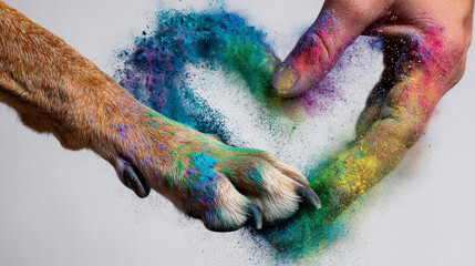 Colorful celebration of Holi festival with hands and a dog's paw creating a heart shape with powder