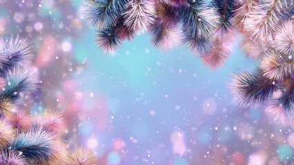 Abstract Winter Holiday Frame: Colorful glowing pine branches with falling snow and vibrant bokeh lights on a soft gradient background.