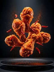 Spicy chicken wings flying in mid-air with red peppers against a dark background